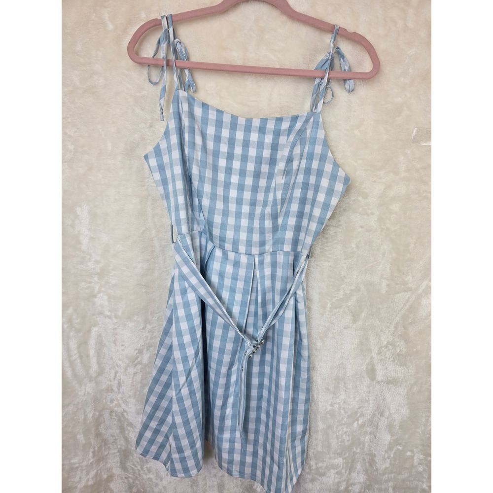 Sugarlips‎ Blue Gingham Tie Strap Mini Dress Pearl Buckle Belt NWT L